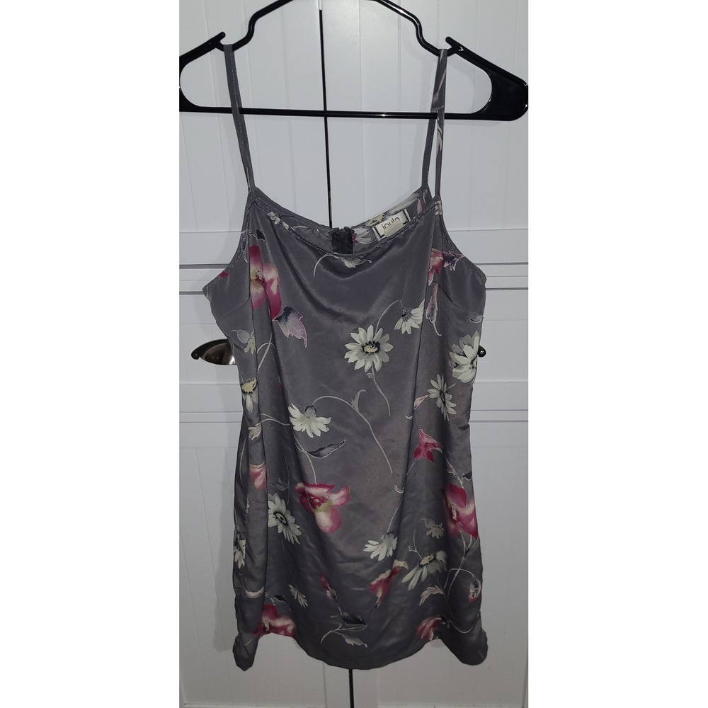 Joule Vintage 90s Floral Satin Slip Mini Dress Grey Pink Daisy Large Made in USA